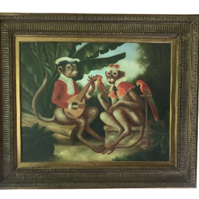Singerie Tropical Monkeys
Green Tan Orange in Antique Gold Frame
Size: 40X34H
Whimsical and exotic vibes. Oil on canvas with high quality wood frame in an antique gold finish.
Vintage- 1960-1970s