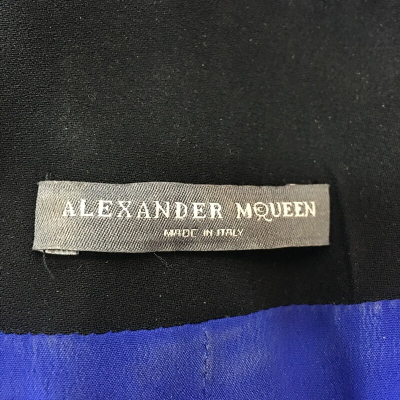 LIKE NEW, gorgeous Alexander McQueen dress. Long sleeve with zip closure and 3 zip pockets. Black acetate/viscose fabric with blue acetate/silk lining. Silver hardware. Italian size 46, US size 12. Won't last long! Retail approx: $1,650.00