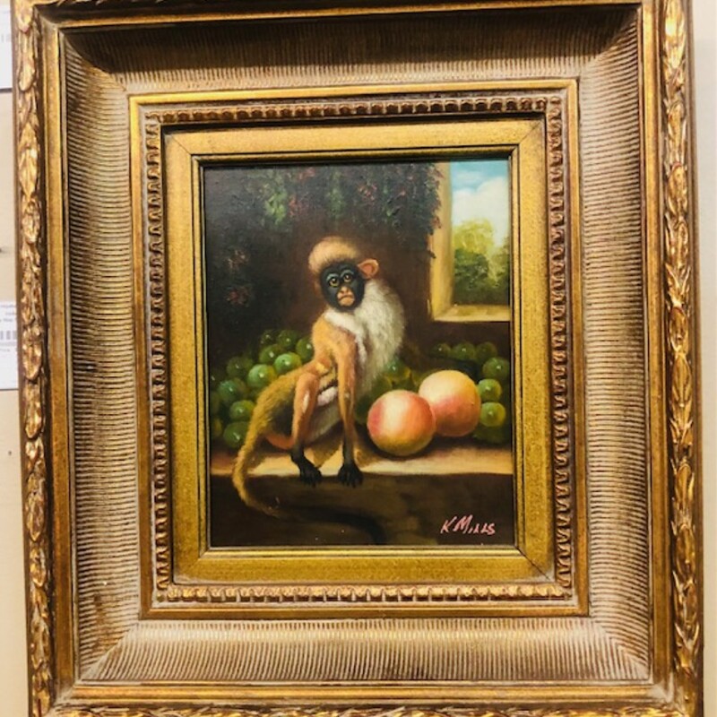 KMills Monkey With Peaches | Wood Frame
Color: Brown, Green, Peach,Tan
Size: 15.5x18