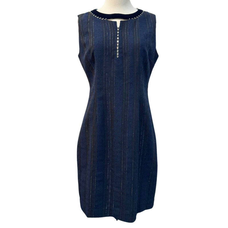 NEW T Tahari Cambria Dress<br />
Silver Metallic Thread Detailed Sparkles<br />
Velvet Trim Colar<br />
Beading Accents<br />
Color: Navy, Black<br />
Size: 8