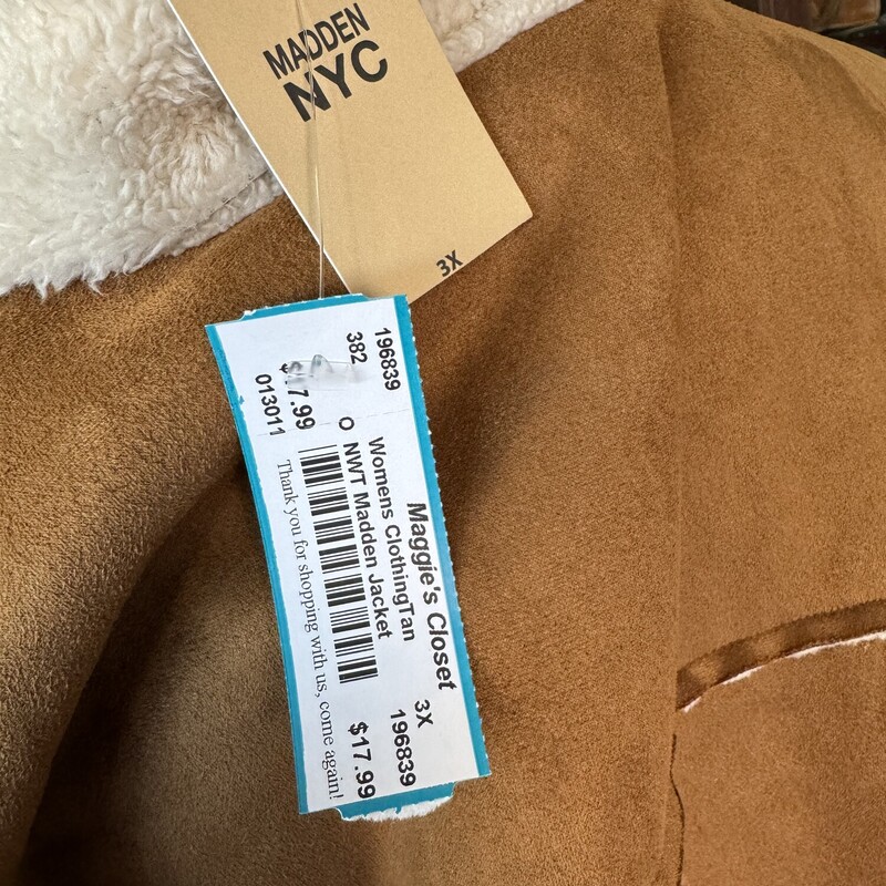 NWT Madden Jacket, Tan, Size: 3X<br />
All sales final<br />
free pickup in store within 7 days of Purchase<br />
Shipping starts at $7.99