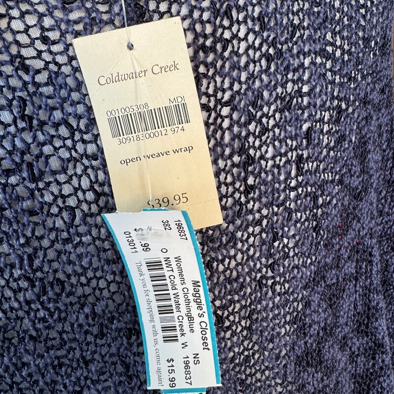 NWT Cold Water Creek  Wrap, Blue, Size: NS<br />
All sales final<br />
free pickup in store within 7 days of Purchase<br />
Shipping starts at $7.99