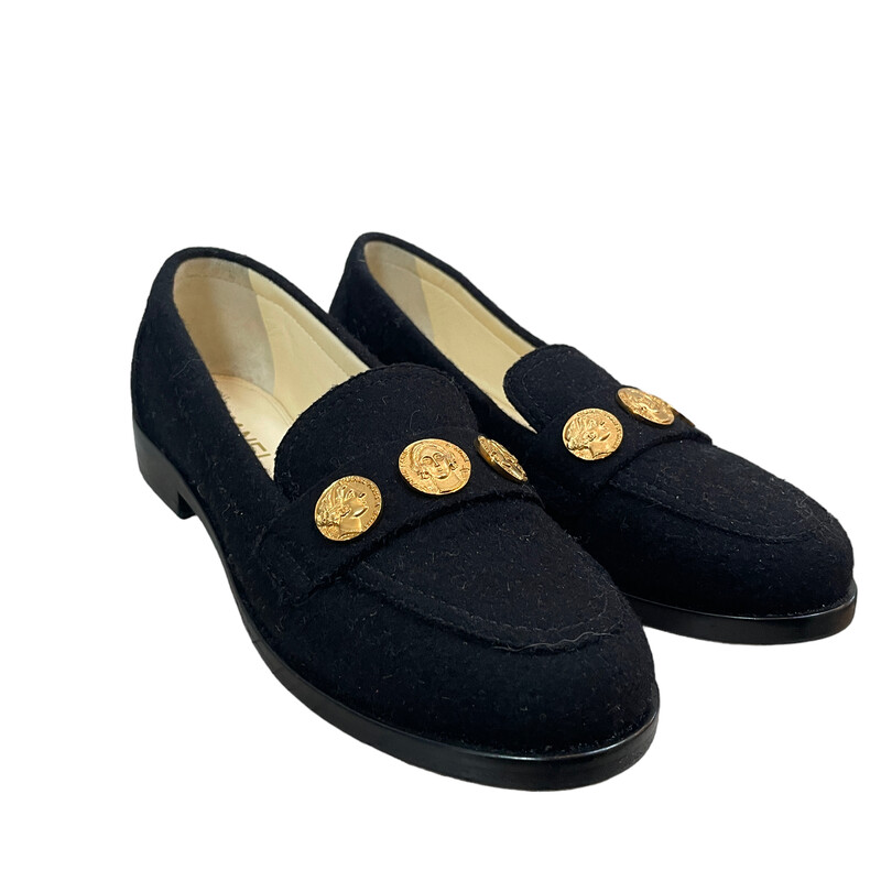 Chanel Wool Coin Loafers, Black, Size: 37.5

condition: PRISTINE. Like new