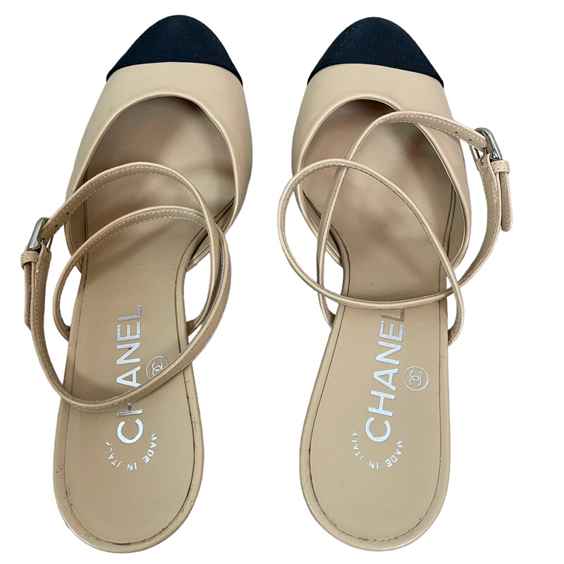 Chanel CapToe Pearl Heel, Tan.blk, Size: 37.5

condition: PRISTINE. Like new