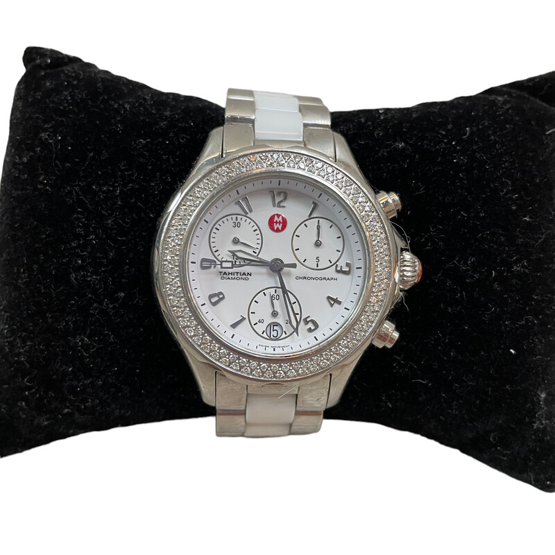 Michele Yahitian Diamond White Ceramic Watch<br />
<br />
Quartz movement<br />
34mm case<br />
Diamond bezel with 100 diamonds at approx. .67cts total weight<br />
5ATM water resistant<br />
<br />
extra links included