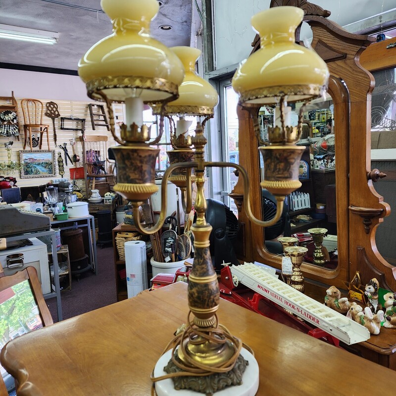 Antique 3 Arm Lamp, Brass,  Butterscotch Overlay Glass Shades