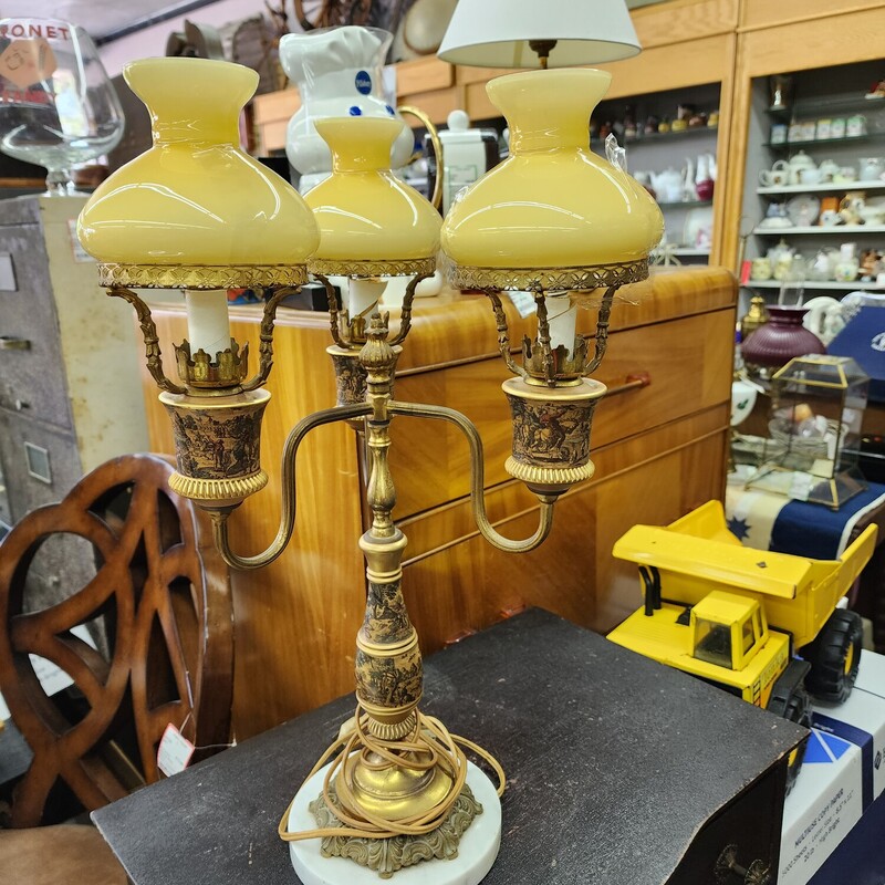 Antique 3 Arm Lamp, Brass,  Butterscotch Overlay Glass Shades