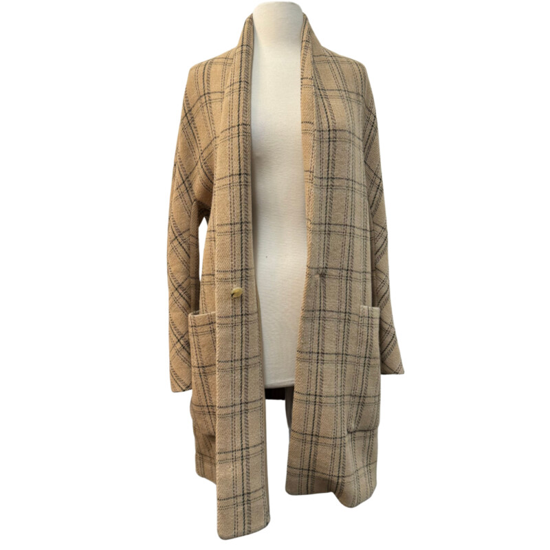Vince Long Plaid Open Jacket<br />
Camel and Black<br />
Wool Blend with Pockets<br />
Size: Medium