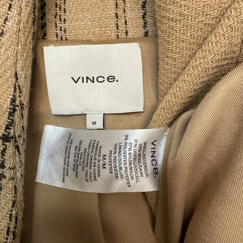 Vince Long Plaid Open Jacket<br />
Camel and Black<br />
Wool Blend with Pockets<br />
Size: Medium