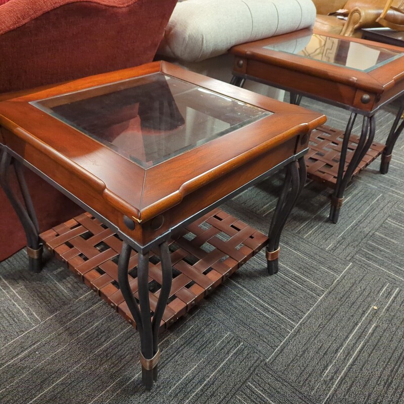 Pair of glass top side tables. 28in x 28in top 25in high.