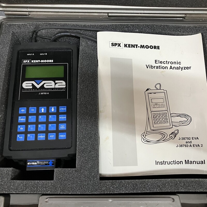 Electronic Vibration Analyzer,

Kent-Moore J-38792-A Electronic Vibration Analyzer EVA2

nfo
Application - All Platforms
J 38792-A assists in locating the source of unwanted vehicle vibrations in order to cut diagnostic time and associated costs. Necessary to diagnose component vibration. Essential for CBOPK

Features include:
Displays three most predominant frequencies and their corresponding amplitudes
\"Record\", \"Playback\" and \"Freeze\" display functions
70 hour memory backup
Instruction Manual
Durable storage case