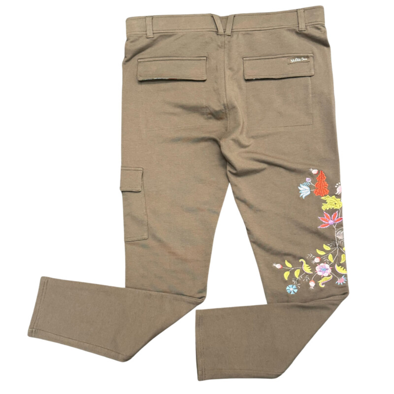 Matila Jane Floral Embroidered Pants<br />
Taupe with a Rainbow of Colors<br />
Size: Large