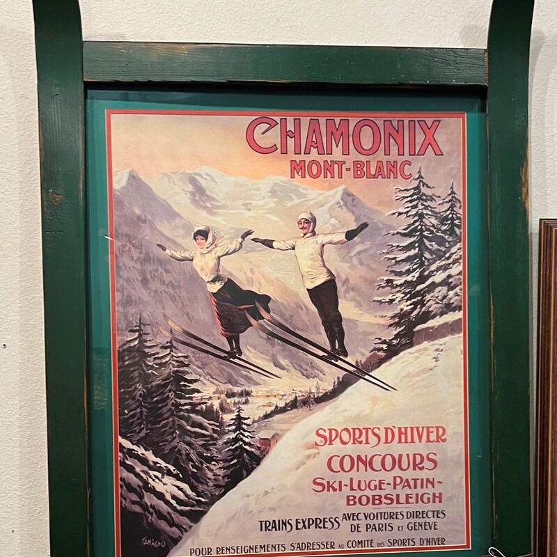 Chamonix Ski Poster, Green Skis, Frame
32in x 44in