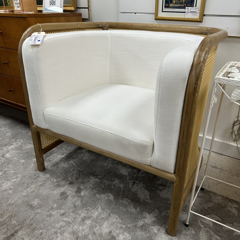 Caned Barrel Chair, Linen Upholstered Cushions
