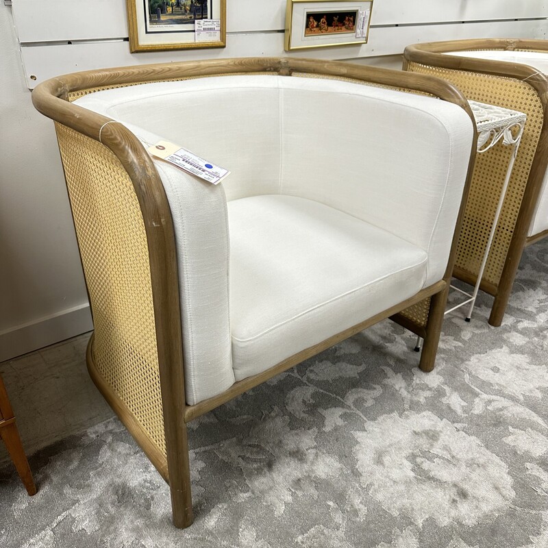 Caned Barrel Chair, Linen Upholstered Cushions