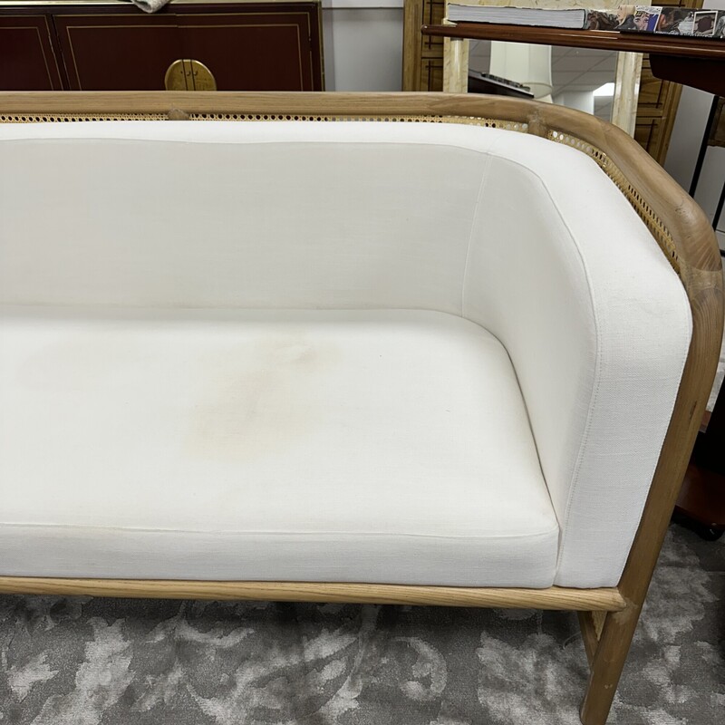 Caned Barrel Sofa, Linen Upholstered Cushions. Sold AS IS: stains on white cushions.
Size: 87L
