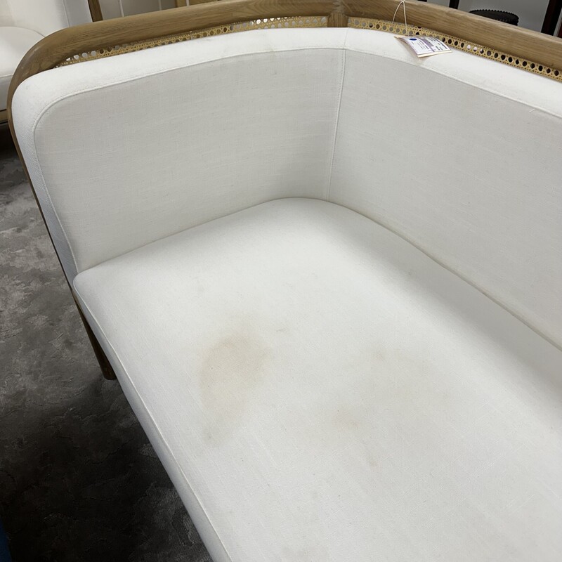 Caned Barrel Sofa, Linen Upholstered Cushions. Sold AS IS: stains on white cushions.<br />
Size: 87L