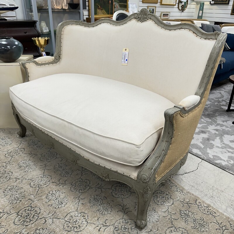 Adele Rustic French Sofa, Jute/Ivory<br />
Size: 54L<br />
<br />
Sold as is, some staining on white upholstery.
