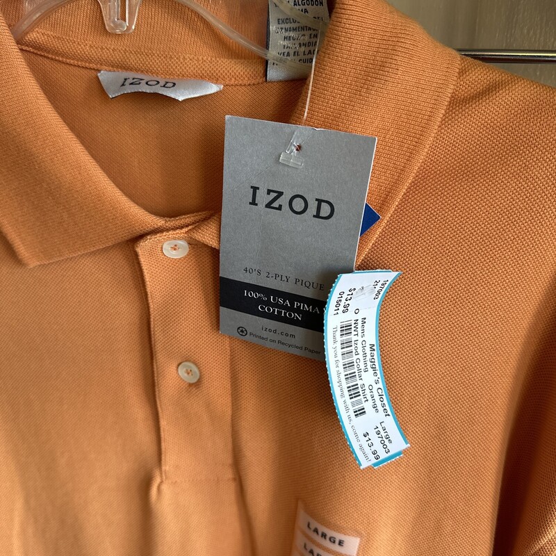 NWT Izod Collar Shirt, Orange, Size: Large<br />
All Sales Final<br />
Shipping Available<br />
Free Pick Up in Store within 7 days of purchase