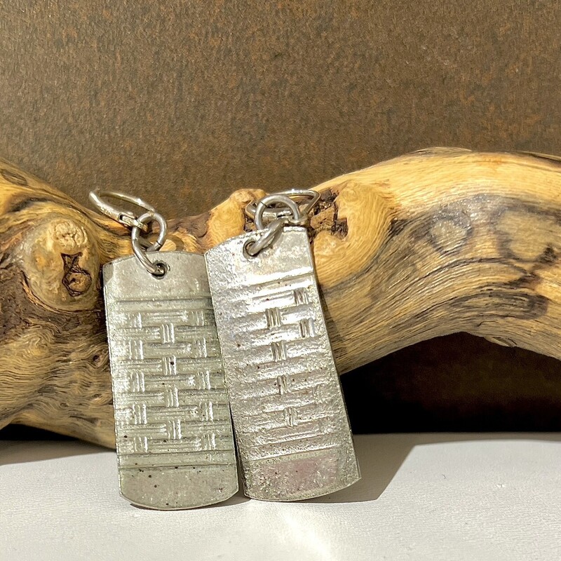 Silver tone rectangular stamped earrings