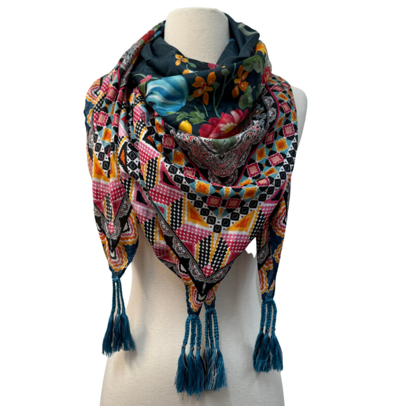 Johnny Was Silk Floral Scarf<br />
Tassel Detail<br />
Colors: An Array of Beautiful Multi Colors<br />
Main Background Color:  Dark Teal<br />
Square