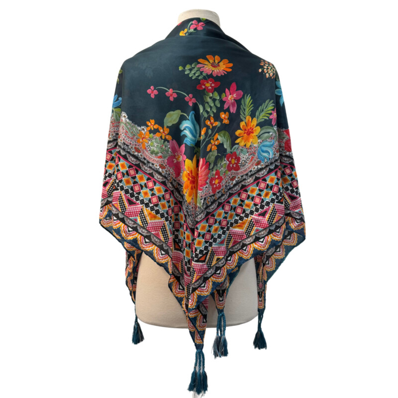 Johnny Was Silk Floral Scarf<br />
Tassel Detail<br />
Colors: An Array of Beautiful Multi Colors<br />
Main Background Color:  Dark Teal<br />
Square