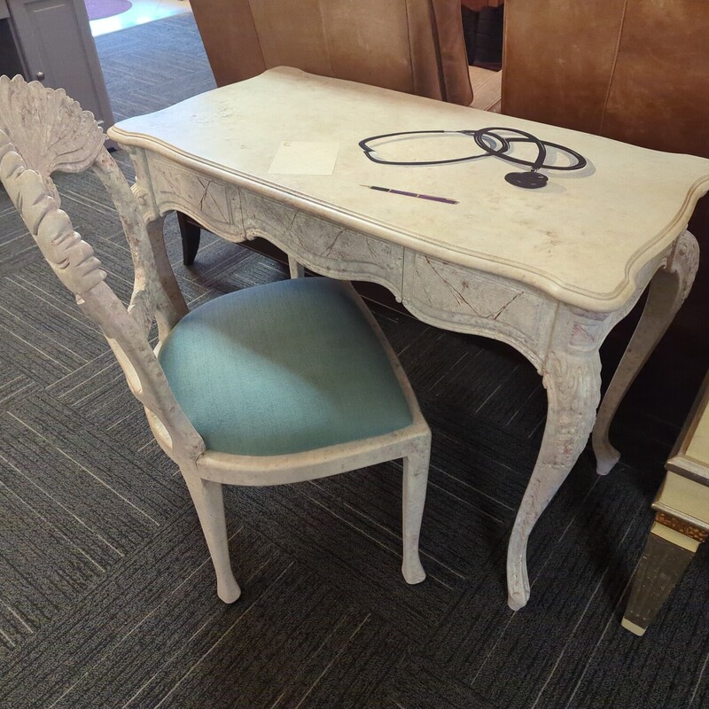 Faux stone finish desk with chair. 40in wide 21in deep 29in high.