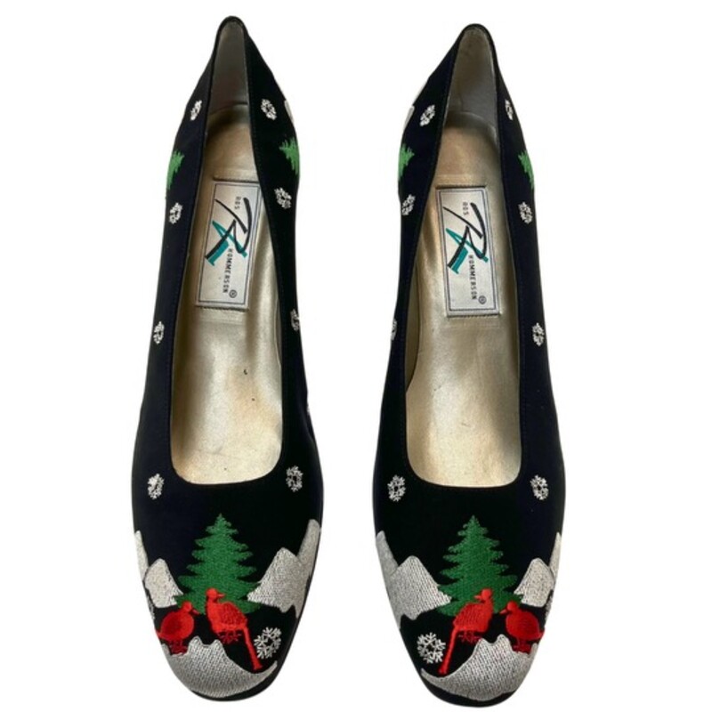 NEW Vintage Ros Hommerson Pumps
Embroidered Snowflakes, Red Cardinals, Snow, and Pine Trees
Color: Black, Green, White, and Red
Size: 11 Narrow