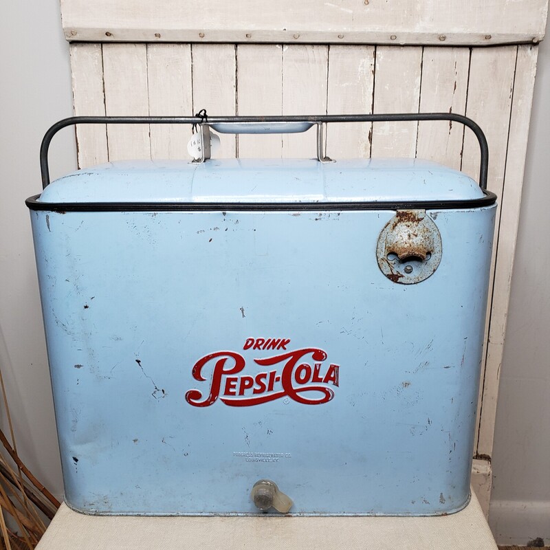 Vintage Pepsi Cooler. Vintage metal cooler from the 1950s. In good condition with some minor rust/dents and scratches. Rare light blue color.
