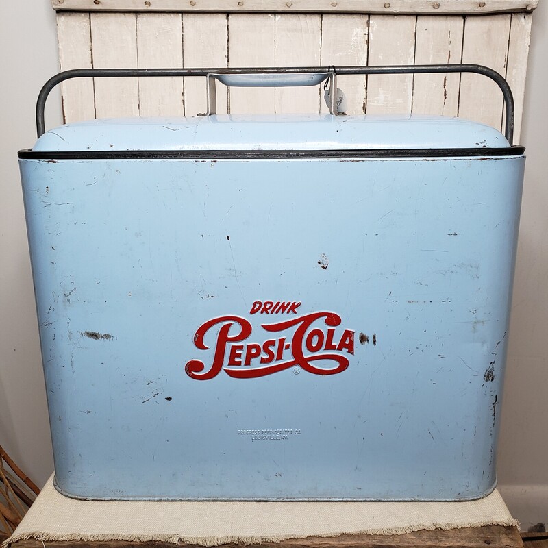 Vintage Pepsi Cooler. Vintage metal cooler from the 1950s. In good condition with some minor rust/dents and scratches. Rare light blue color.