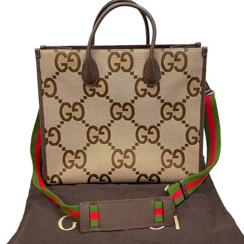 Gucci Jumbo GG Canvas, Mono, Size: Brown
Gucci Tote
Canvas
Jumbo GG
Gold-Tone Hardware
Leather Trim
Rolled Handles & Single Adjustable Shoulder Strap
Leather Trim Embellishment
Canvas Lining & Single Interior Pocket
Clasp Closure at Top

Dimensions: Shoulder Strap Drop Max: 27.25
Shoulder Strap Drop Min: 17.5
Handle Drop: 3.75
Height: 12.25
Width: 14.25
Depth: 6

In great shape