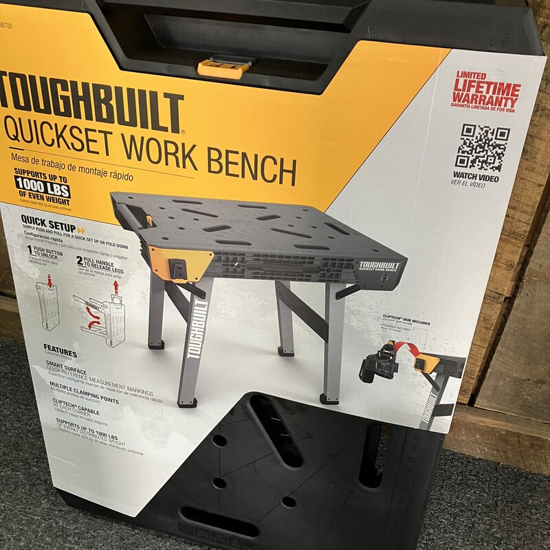 Quick Set Workbench, ToughBuilt,  NEW

The ToughBuilt® QuickSet Work Bench is a sturdy work surface set up in seconds. Simply push the release button and pull up the handle to fold out the legs and make a large work surface anywhere. The sturdy metal legs can hold up to 1,000 lb. The large work surface offers a wide range of applications - it's great for cutting, drilling, clamping, and much more. It’s compatible with ToughBuilt’s extensive line of ClipTech pouches for the ultimate tool organization. Instantly clip pouches loaded with your tools on and off to make every job organized and efficient. From your workshop to your truck or to the jobsite this workbench is easy to transport wherever you need to go.
Instant set up and fold away: the legs fold out by simply pushing or pulling the handle

Multiple slots and dog holes for clamping

Work surface with quick reference measurement markings

Heavy-duty metal legs with plastic feet

Comes fully assembled

31-in Stable working height with a 2-ft by 3-ft work surface