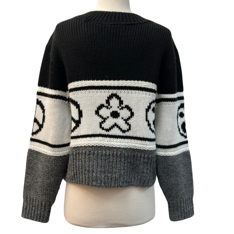 TopShop Flower and Peace Sign Sweater<br />
Cropped Fit<br />
Black and White<br />
Size: Small