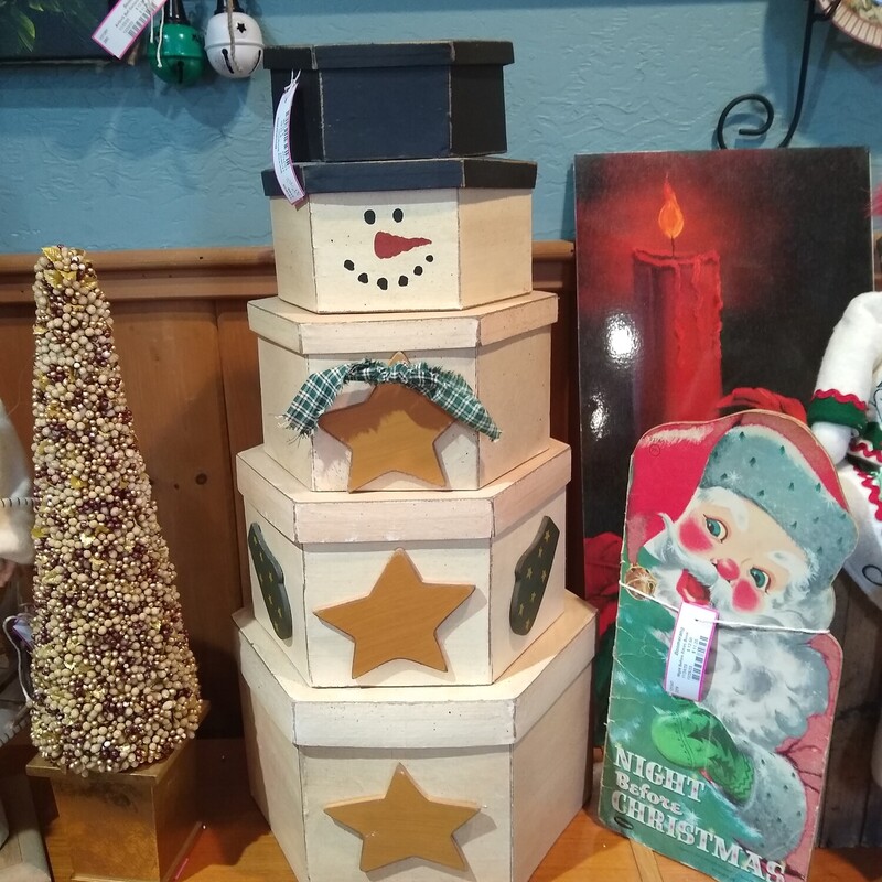 Stacking Snowman

Stacking snowman boxes.  5 boxes in total.

Size: 27 In Tall