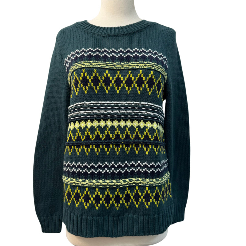New Talbots Sweater<br />
Cotton Blend<br />
Alpine Style<br />
Color:  Forest, Lime, Navy, White and Yellow<br />
Size: Medium