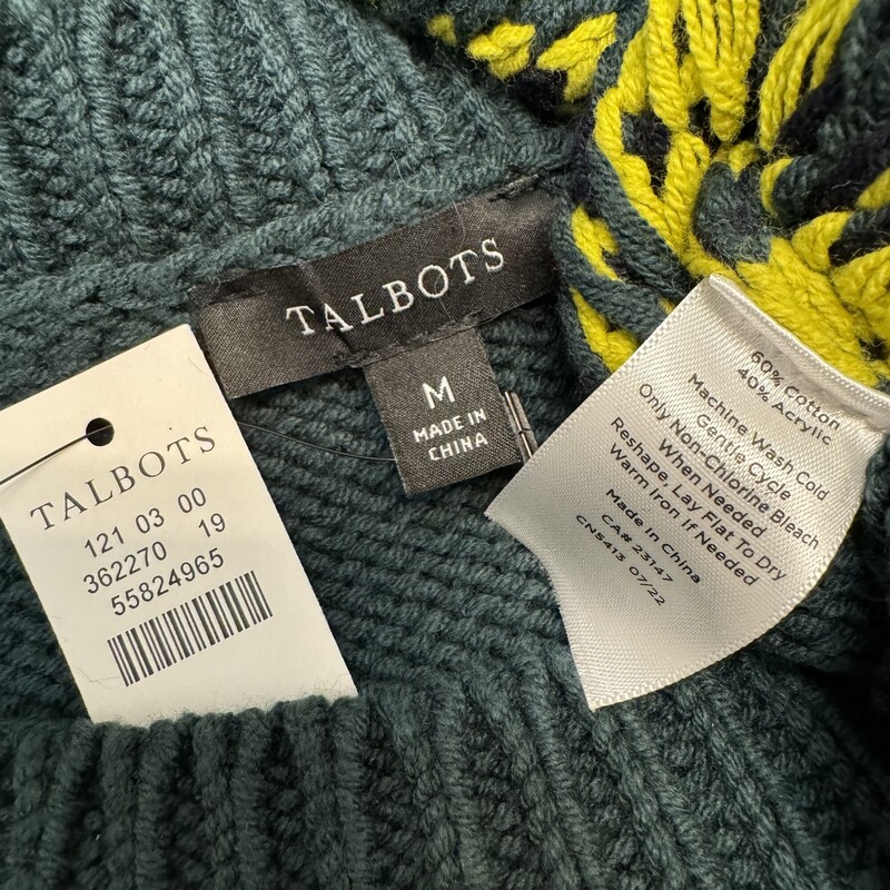 New Talbots Sweater
Cotton Blend
Alpine Style
Color:  Forest, Lime, Navy, White and Yellow
Size: Medium