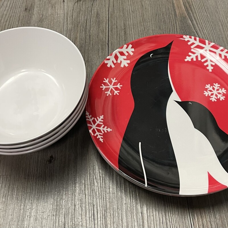 Crate & Barrel Holiday Penguin Dish & Bowl Set, Red/White, Size: 8 Pcs