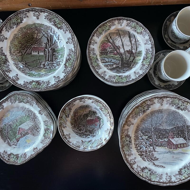 The Friendly Village by Johnson Bros. - Service for 12<br />
<br />
Set Includes:<br />
12 9 7/8in. plates<br />
12 7 7/8in. plates<br />
12 7 1/2in. Sq. plates<br />
12 8 1/2in. Bowls<br />
12 6in. Bowls<br />
12 5in. coffee/tea saucer<br />
12 coffee/tea mugs