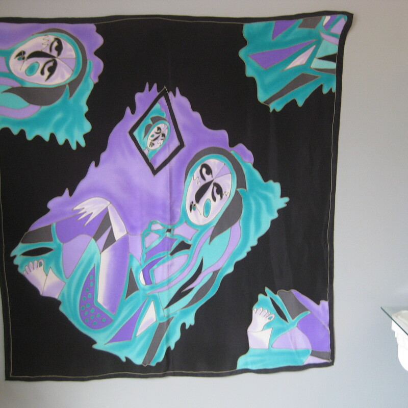 Vtg Chantik Silk Faces, Blk/purp, Size: None
Large and beautiful square silk scarf by Chantik made in Nepal.
It's in black, tealish green/blue  and purple.  The teal looks more green in real life that it's showing in the photos. The haunting design is a female figure, with deconstructed bits of the image scattered about.  So unique!
handrolled edges

Approx  34 square.
Excellent condition.

Thank you for looking.
#63187