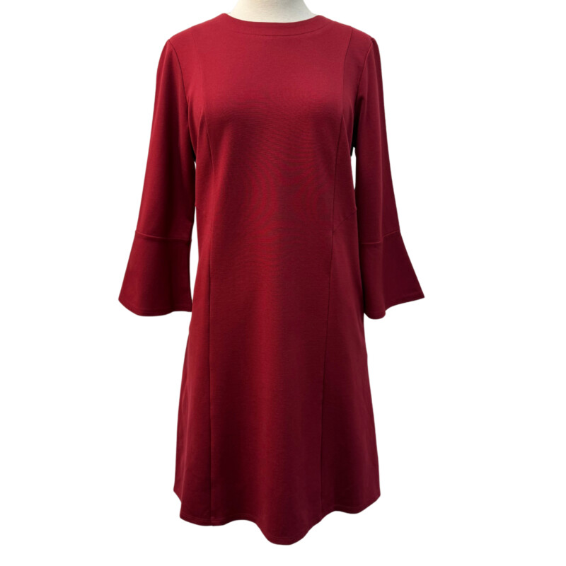 New J Jill Ponte Dress<br />
Bell Sleeve Detail<br />
Color:  Cranberry<br />
Retails for $109.00<br />
Size: Small