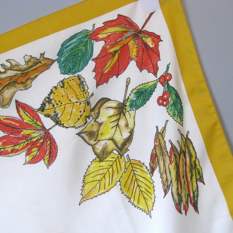 Sweet little square scarf in orangegs and greens with nicely rendered images of autumn leaves.<br />
Holly, oak, maple, and beech leaves<br />
25 square<br />
Polyester<br />
<br />
The fabric is polyester, the designers signature appears in green<br />
It is in great vintage condition.<br />
<br />
Thank you for looking.<br />
#3857