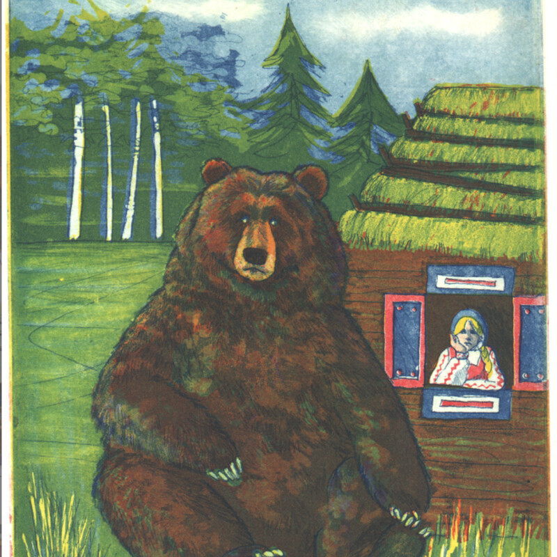 Tasha And The Bear By Esther Baran<br />
<br />
Size: 8 X13<br />
<br />
About the artist:<br />
<br />
My interest in art stemmed from early childhood readings. Books are one of my primary sources for images, from early fairy stories to folk tales from a variety of cultures. While Brothers Grimm and Hans Christian Andersen were my original bed-time stories, I later discovered the tales of collectors like Afanasyev and Norwegians Jorgen Moe and Peter Asbjornsen. Many other stories have been passed down and changed from culture to culture. My favorite is the Icelandic story of a young girl whose adventures are much like those of Cinderella, but in this version she rejects the prince as being too superficial, having only noticed her in her finery and gold slippers.<br />
<br />
In most of the cultures I have explored, animals play central roles in the stories. Some cultures have animals representing deities, and in some they are comical characters whose behavior mimics humans. Some of the Native American tales use ravens, coyotes, or turtles to explain the origins of the world. Some African cultures have the spider, Ananzi, outwitting Tortoise, or the reverse. The possibilities for imagery are endless.<br />
<br />
Researching each country's history and unique characteristics is part of my enjoyment in doing the piece. I like to incorporate the fabric patterns and ornamentation from each ethnic group in borders around the images. I have used the same techniques in illustrating children's books.<br />
<br />
I focused on color etchings for 40 years, but added watercolors and oils as a more direct form of expression. In all media, in addition to folktales, I do landscapes and still lifes of fruits and vegetables