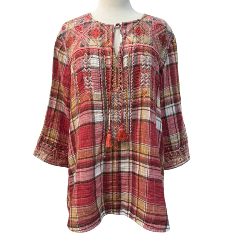 Johnny Was Boho Top<br />
Embroidered Detail<br />
Coral, Brown, Cream, Pink, Gold and Gray<br />
Size: Medium