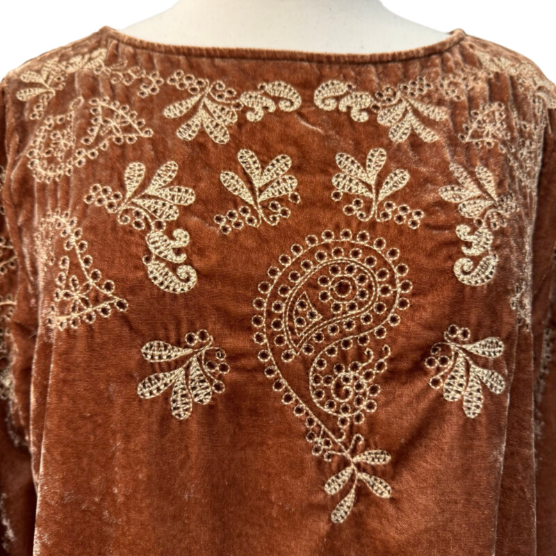 J Jill Velveteen Top
3/4 Sleeves
Embroidered Detail
Color:  Cognac
Size: Medium
