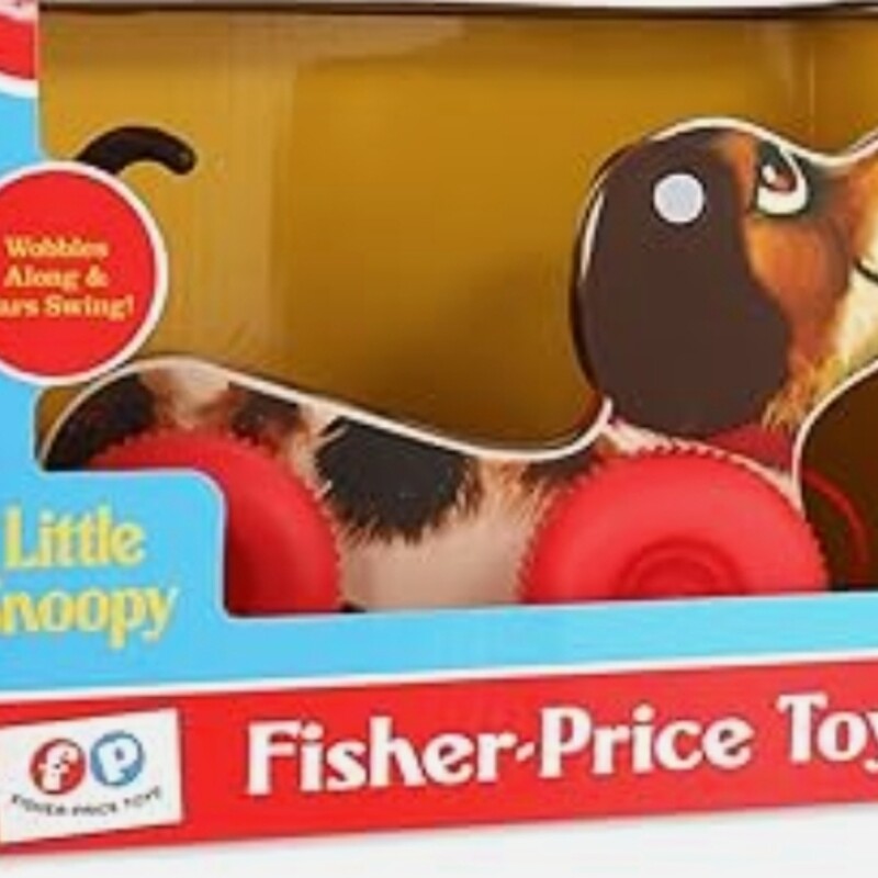 Originally introduced in 1966 by Fisher Price, this little pup is full of the same excitement you remember from when you were a child. Pull on the cord and watch as he wiggles, his ears swing, and he makes a fun “yip-yip” sound! Classic waddling, pull-along dog toy. Encourages gross motor skills, cause-effect learning, imaginative play. Designed exactly like original puppy introduced in 1966
