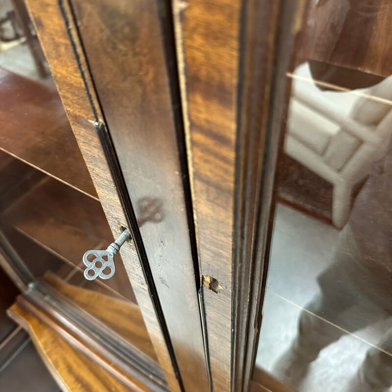 Antique Petite Glass Cabinet, two double arched glass cabinet doors and two drawers<br />
Size: 35x19x66