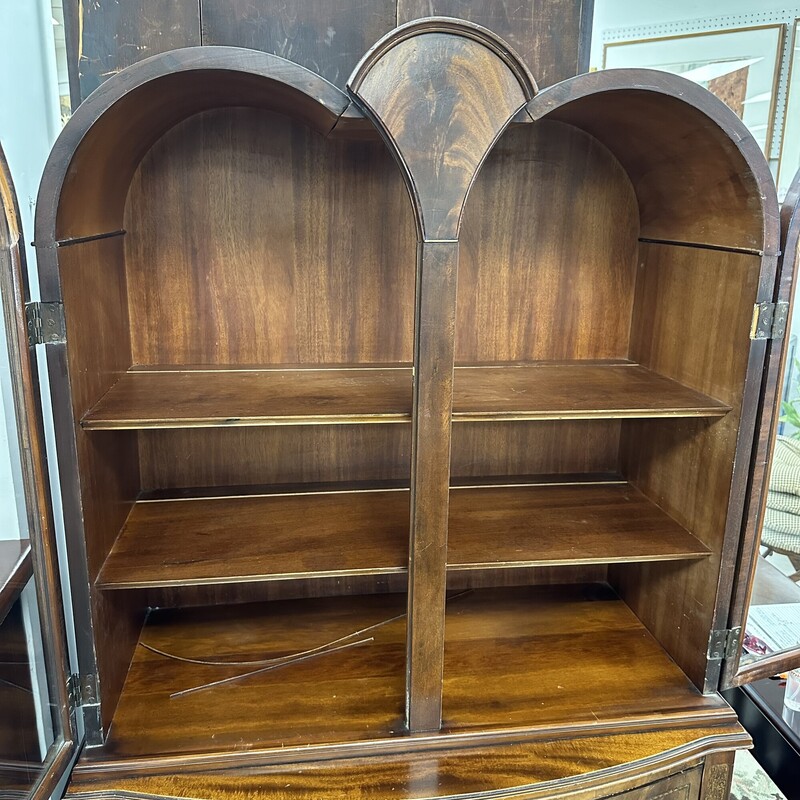 Antique Petite Glass Cabinet, two double arched glass cabinet doors and two drawers
Size: 35x19x66