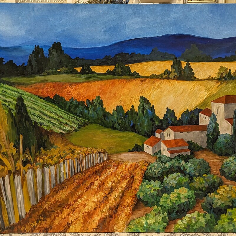 Ashley Sullivan Tuscany Painted Canvas
Blue Green Tan Red Size: 48 x 36H