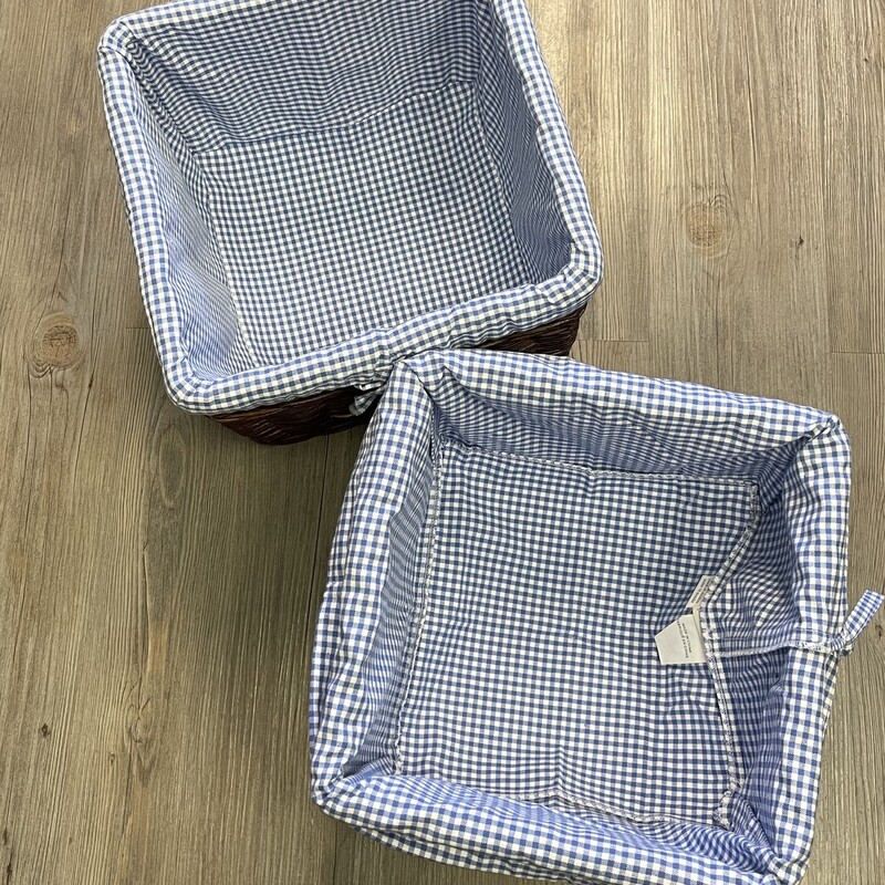 Pottery Barn Baskets, Brown - Blue Gingham Liners, Size: Set Of 2