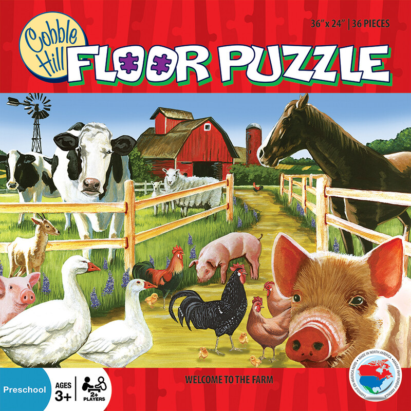 Welcome To The Farm Puzzl, Floor Puzzle
Ages 3+
36 pieces
36in x 24in

Cobble Hill used environmetally friendly inks and 100% recycled fibers.  Puzzle pieces are durable and thick, so the puzzles can be assembled over and over again!